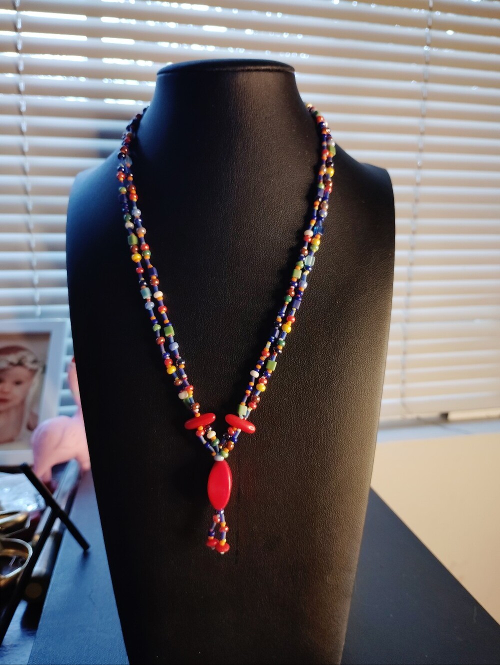 Artisan Multicolor Beaded Necklace with Red Pendant